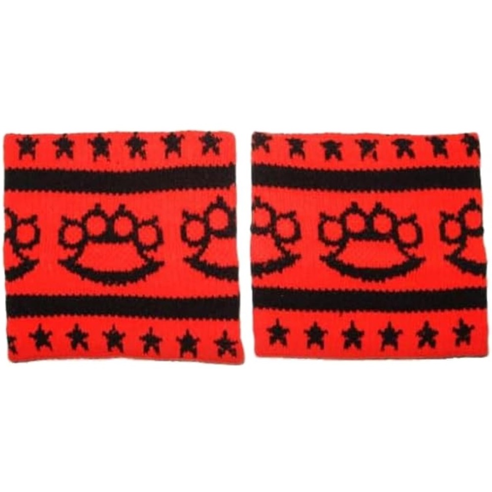 Knit Black Brass Knuckles & Stars on Red Wristbands from Sourpuss Clothing
